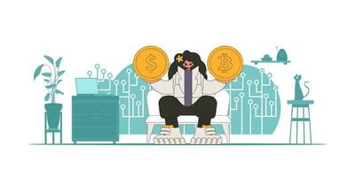 The girl is holding a coin of bitcoin and dollar. Cryptocurrency theme. vector