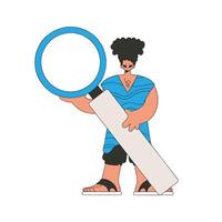 A man holds a magnifying glass in his hands. Search for the necessary information on the Internet. Retro style character. vector