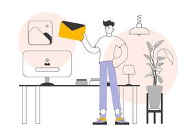 A man holds an envelope or a letter in his hands. Linear trendy style. illustration. vector