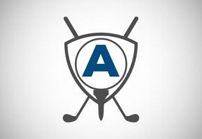 English alphabet A with golf ball, golf stick and shield sign. Modern logo design for golf clubs. vector