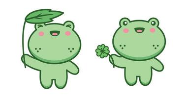 Cute Kawaii Frog, Froggy, Amfibian with luck four leaf and umbrella leaf vector