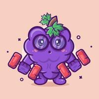 gracioso uva Fruta personaje mascota haciendo culturismo utilizando pesa aislado dibujos animados en plano estilo diseño vector