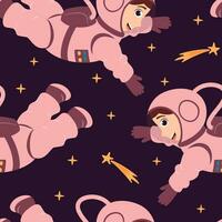 Seamless pattern with cute astronauts and shooting stars in zero gravity in cartoon style. vector