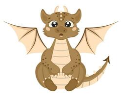 Cute dragon in cartoon style. The surprised fairy-tale monster is sitting. vector