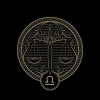 Libra zodiac symbol in gold engraving line art style vector