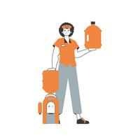 Water delivery concept. A man with a large bottle of water in his hands. Lineart style. vector