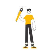 The designer guy holds a pen tool for 2D graphics in his hand. Linear trendy style. Isolated on white background. . vector