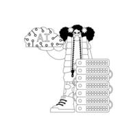 Girl and AI server in linear style evokes Artificial Intelligence theme vector