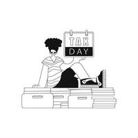 Guy sits on documents, holds calendar. Tax day. Vector illustration in linear style.