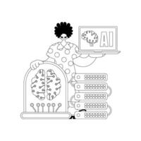 A cartoon woman holding a laptop and a computer vector