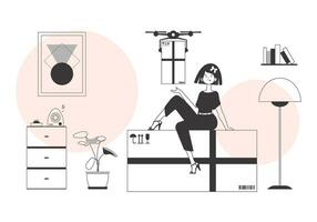 The girl sends a parcel with a drone. The concept of cargo delivery by air. Linear trendy style. vector