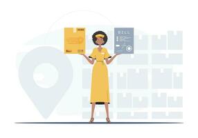 Delivery concept. A woman courier is holding a parcel and a check. Trendy flat style. Vector. vector