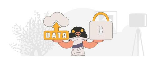 Girl with secure cloud storage, modern vector character style.