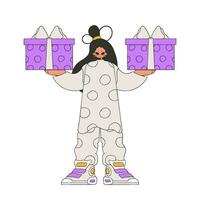 The woman is holding gifts. Holiday surprise concept. Character in the style of the 90s. vector