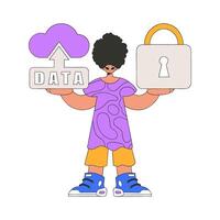 Person with secure cloud storage and lock. vector