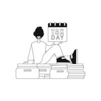 Guy perched on stack of papers, holding a calendar it's Tax Day. Linear illustration in style. vector