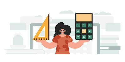 Energized lady holding a ruler and calculator, learning subject. Trendy style, Vector Illustration