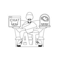 A cartoon man sitting on a chair with a laptop and a sign that says chat vector