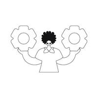 Man holds gears in his hands. Linear vector illustration.