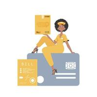 A woman courier sits on a bank card and holds a parcel. Home delivery concept. Isolated. trendy style. Vector. vector