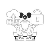 Girl holding cloud storage logo for interconnected objects, in vector linear style