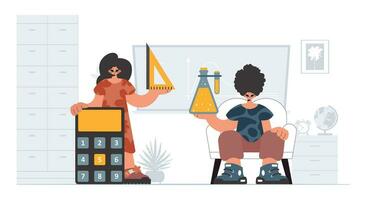 Person and eager lady school understudies, analyzing to start with school subjects. Trendy style, Vector Illustration