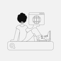 An attractive man holds a browser window in his hands. Black and white style. vector