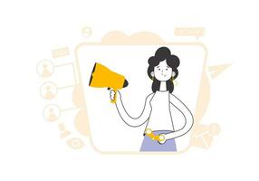 A woman holds a bullhorn and binoculars in her hands. Job Search Theme. H.R. Linear trendy style. vector