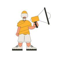 A man with a megaphone, symbolizing the search for people in the labor market. Personnel search. vector