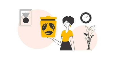 A woman is holding a trash can. Waste recycling concept. Linear modern style. vector
