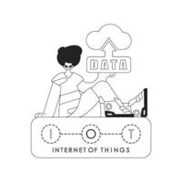 illustrationGuy displaying a cloud storage logo for the Internet of Things, linear art style vector