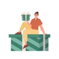 A man is sitting on a gift. Modern flat vector illustration.