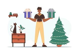 Gift concept for christmas or new year. A man holds a festive gift box in his hands. vector