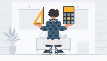 The person is holding a ruler and a calculator, learning subject. Trendy style, Vector Illustration