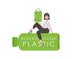 A woman sits on a bottle made of biodegradable plastic and holds an ECO BAG in her hands. The concept of ecology and care for the environment. Isolated. Trend style.Vector illustration. vector