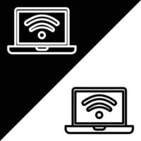 Laptop and wifi sign. Vector icon, Outline style, isolated on Black and white Background.