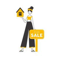 The girl is a specialist in the sale of real estate. Lineart. Isolated. Vector illustration.
