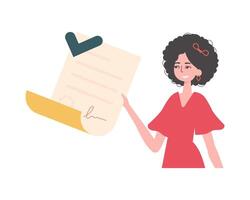 The girl is holding a contract or a document. Data protection. Smart contract. Trend style character. vector