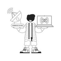 A person grasping an antenna and laptop to link with IoT info, drawn in a linear vector format