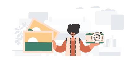 el individual sostiene un cámara y fotos en su manos. el concepto de descanso y viajar. de moda estilo, vector ilustración