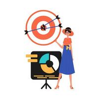 The girl holds in his hand a target with arrow that hit the center. Trendy style, Vector Illustration