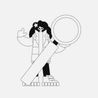 Charming woman is holding a magnifying glass, magnifier. Linear black and white style. vector