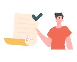 The man is holding a document. Data protection. Smart contract. Modern style character. vector