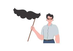 A man holds a mustache on a stick. trendy style. Isolated on white background. Vector illustration.