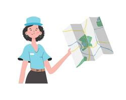 The girl is holding a map. The modern trendy character is depicted to the waist. Isolated on white background. Vector illustration.