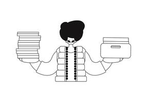 Guy stacks docs in straight rows. Vector drawing.