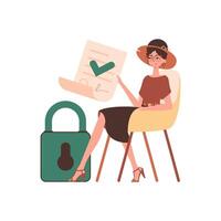 The girl sits in a chair and holds a document in her hands. Data protection. Smart contract. Modern trendy style. vector