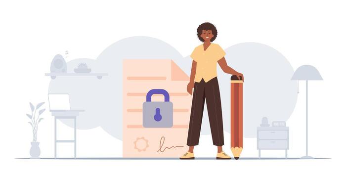 el concepto de firma un inteligente contrato. datos proteccion. el chico es en pie cerca un grande documento y participación un lápiz. vector