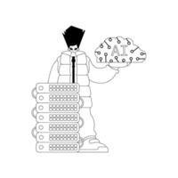 AI guy and server in linear style with AI theme vector