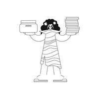 Girl holds stacks of docs. Linear style. art. vector